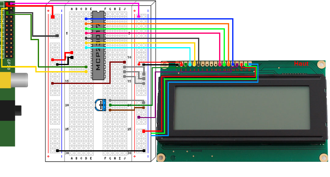  Schéma de câblage du LCD via un MCP23017 vers un Raspberry pi
